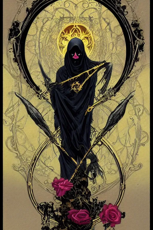 Prompt: grim reaper, hourglass, ornate tarot card on black paper with moon frame, vibrant color with gold speckles, in style of alfons mucha and peter mohrbacher and michelangelo, horror art, trendy on artstation