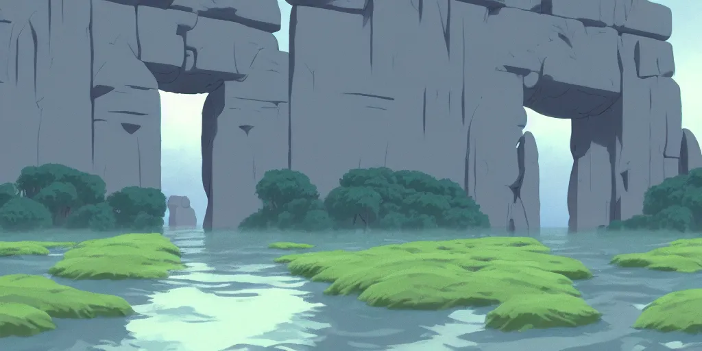 Image similar to a cell - shaded studio ghibli concept art study of water flowing out of a square portal in a flooded monument valley stonehenge temple jungle. very dull colors, hd, 4 k, hq