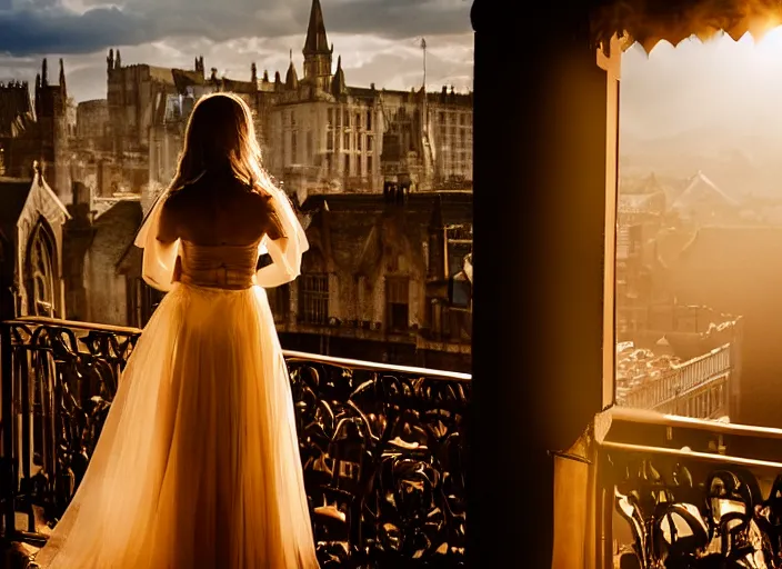 Image similar to a beautiful queen stands on a balcony overlooking a fantasy medieval gothic city, beautiful dramatic golden light and glow rays, 3 5 mm photography