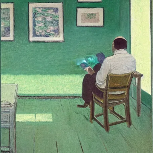 Prompt: old balding japanese man with white shirt, sitting on a chair and reading newspaper while looking at the ceiling of his room with contrastic green lighting by monet