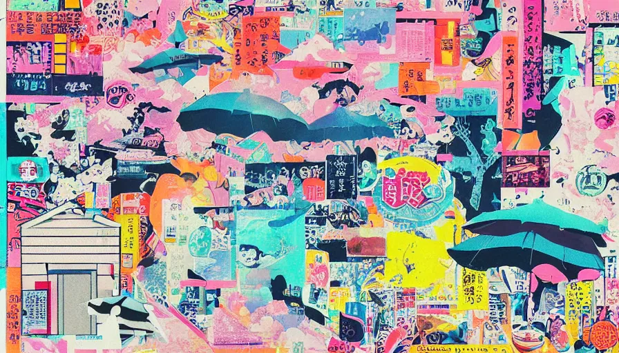 Image similar to Japan travel and adventure, minimalist negative space mixed media collage painting by Jules Julien, Leslie David and Lisa Frank, muted colors with minimalism, neon color details