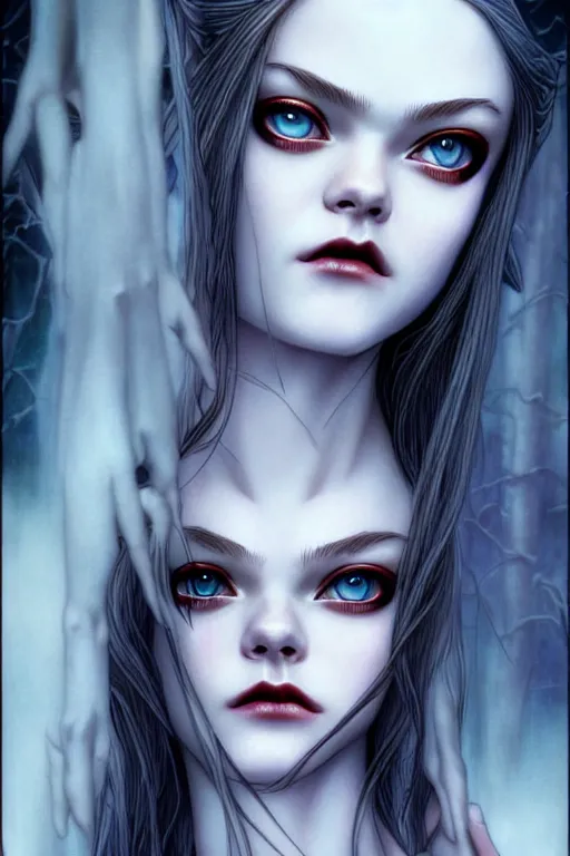 Image similar to lustful teenage vampire who looks like elle fanning, fantasy graphic novel style, by artgerm and luis royo and jenny frison, intricate, vivid colors, very fine inking lines, extremely detailed, 4k, hd