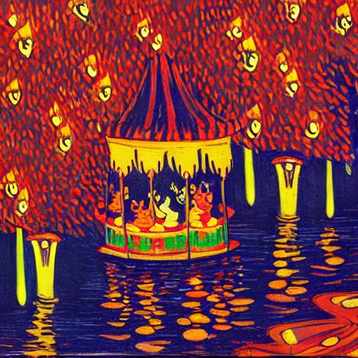 Prompt: detailed painting of cats and caterpillars at a carnival at night watching paper lanterns, in the style of eyvind earle and vincent van gogh - n 9