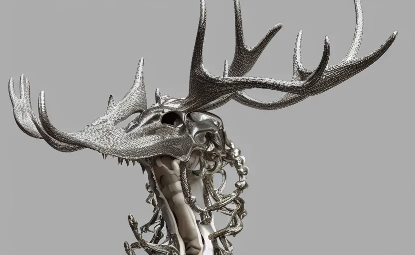 Image similar to stylized shiny polished silver statue full body extra limbs bizarre cosmic horror quadruped animal moose deer skull four legs made of marble of slug creature tendrils, perfect symmetrical body, perfect symmetrical face, hyper realistic, hyper detailed, by johannen voss, by michelangelo, octane render, blender, 8 k, displayed in pure white studio room austere