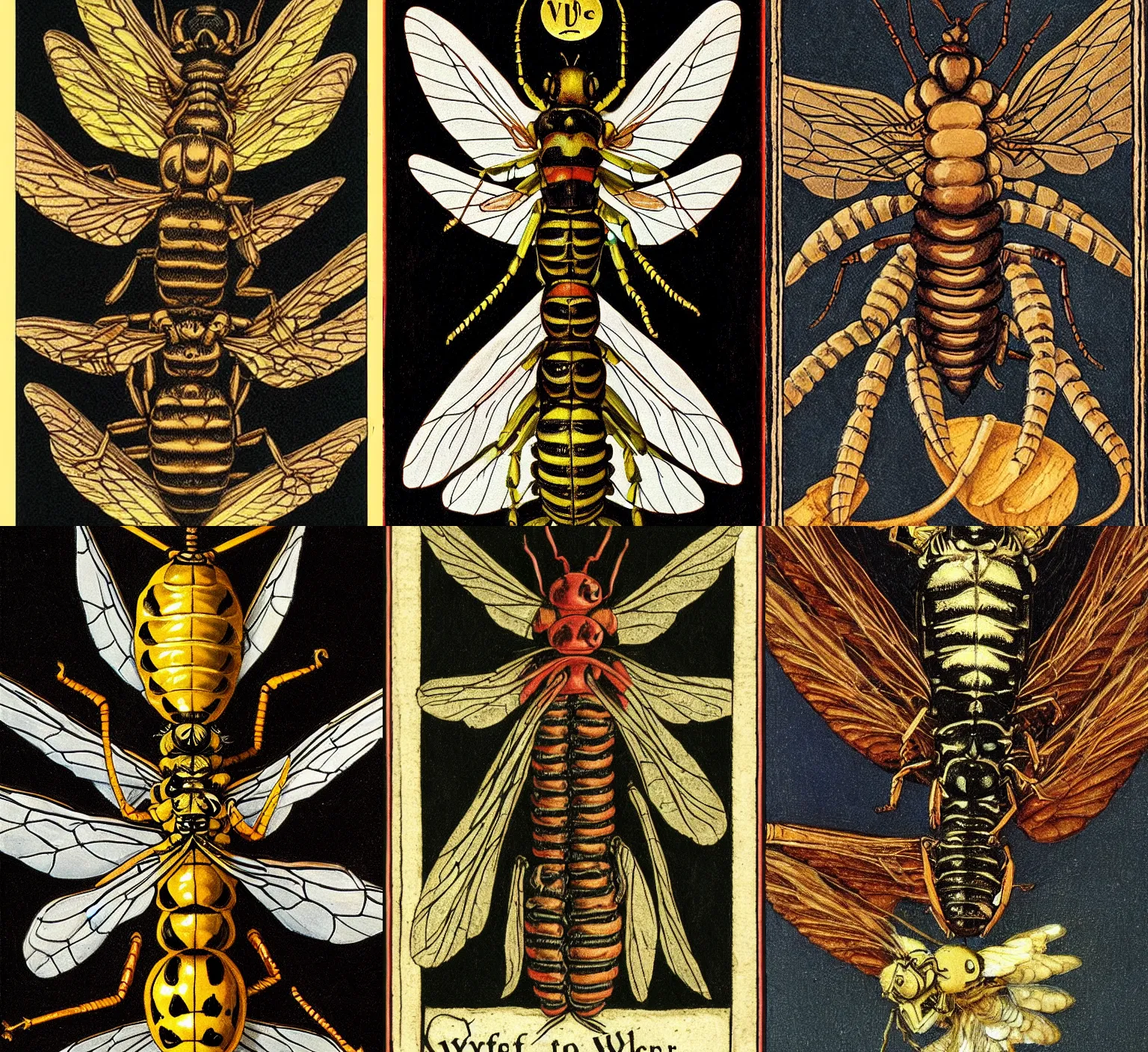 Prompt: detailed wasp worm with six wings, cryptid theme Tarot card by Caravaggio