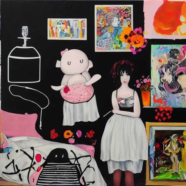 Prompt: a portrait in a female artist's bedroom, black walls, emo girl with a giant pig plushie, sheet music, berries, surgical supplies, pancakes, black flowers, sensual, octopus, neo - expressionism, surrealism, acrylic and spray paint and oilstick on canvas