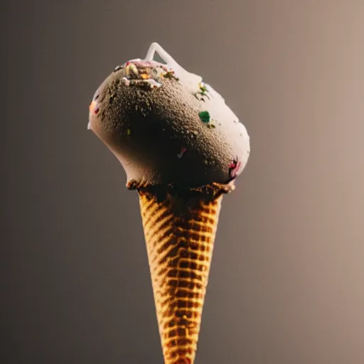 Image similar to detailed color photograph of a levitating ice cream cone with hairy, wriggling spider legs. shallow depth - of - field. dramatic light.