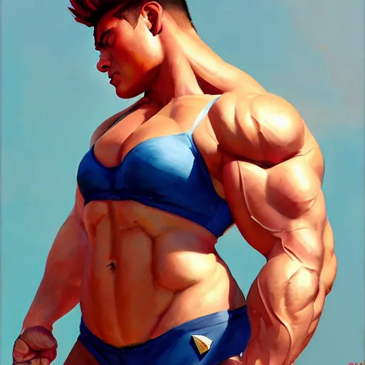 Image similar to greg manchess portrait of hibiscus - man as roided thick muscular weightlifter zarya from overwatch fantasy medium shot, asymmetrical, profile picture, organic painting, sunny day, matte painting, bold shapes, hard edges, street art, trending on artstation, by huang guangjian and gil elvgren and sachin teng