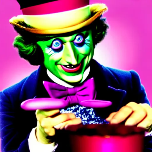 Image similar to uhd photorealistic willy wonka as an insane magician, wearing bizarre makeup, correct face, uhd hyperdetailed