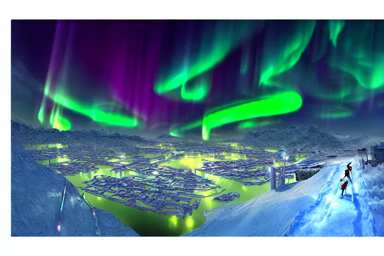 Image similar to favela winding cybernetic thrill ride, snowy arctic environment, blooms, industrial factory, bright, aurora borealis, award winning art, epic dreamlike fantasy landscape, ultra realistic,