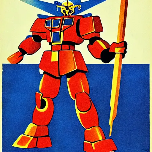 Prompt: detailed soviet propaganda poster of a gundam holding a pickaxe