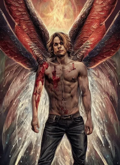 Prompt: Sam Winchester as a aesthetic muscular angel with big open wings, a cross pendant and religious tattoos on chest and neck, stained and bleeding, magic overlays, magic flames, open portal with runes in the background, romance book cover style, D&D illustration!!!!!!!, fantasy style, sharp focus, ultra detailed, art by Artgerm and Peter Andrew Jones, Ayami Kojima, Amano and Olivier Ledroit