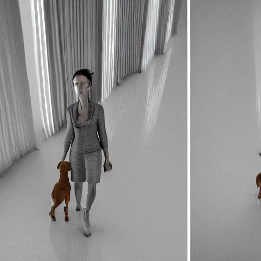 Image similar to Full lenght view contemporary art photography of ultra mega super hyper realistic highly detailed woman with highly detailed face walking with a highly detailed dog . Photo on Leica Q2 Camera, Rendered in VRAY and DaVinci Resolve and MAXWELL and LUMION 3D, Volumetric natural light