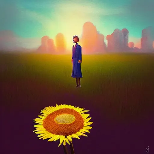 Image similar to giant daisy flower under head, standing frontal, a girl in a suit, surreal photography, sunrise, dramatic light, impressionist painting, digital painting, artstation, simon stalenhag