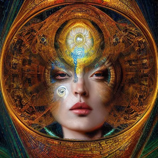 Image similar to Divine Chaos Engine by Karol Bak, Jean Deville, Gustav Klimt, and Vincent Van Gogh, beautiful visionary mystical portrait, sacred, otherworldly, fractal structures, ornate gilded medieval icon, third eye, spirals