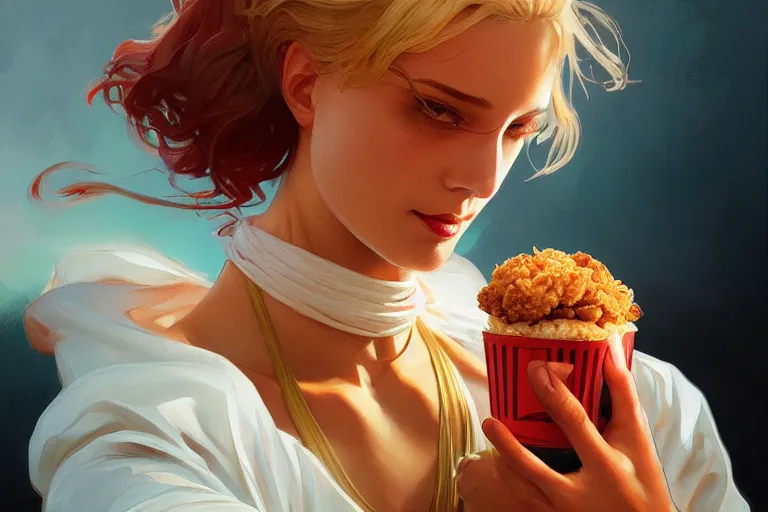 Image similar to kfc chicken, portrait, elegant, intricate, digital painting, artstation, concept art, smooth, sharp focus, illustration, art by artgerm and greg rutkowski and alphonse mucha