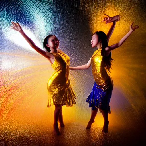 Image similar to two asian girls dancing, liquid golden and black fluid, magic hour, dramatic light, liquid painting, golden bodypaint, yellow and blue lightning, world best photography, indian patterns, bokeh, golden jewelry filigree, body detaily, ornaments, fresco by michaelangelo, golden rays, god rays, epic cinematic wallpaper