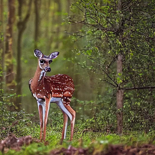 Image similar to a beautiful spotted deer in the woods, canon eos c 3 0 0, ƒ 1. 8, 3 5 mm, 8 k, medium - format print