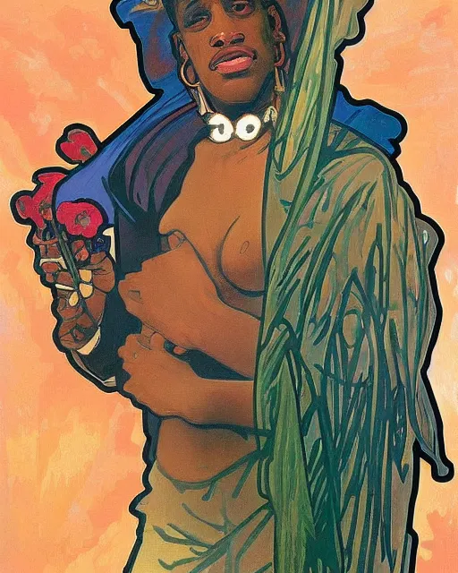 Image similar to a portrait painting of ( ( ( dennis rodman ) ) ) in the style of alphonse mucha!!!