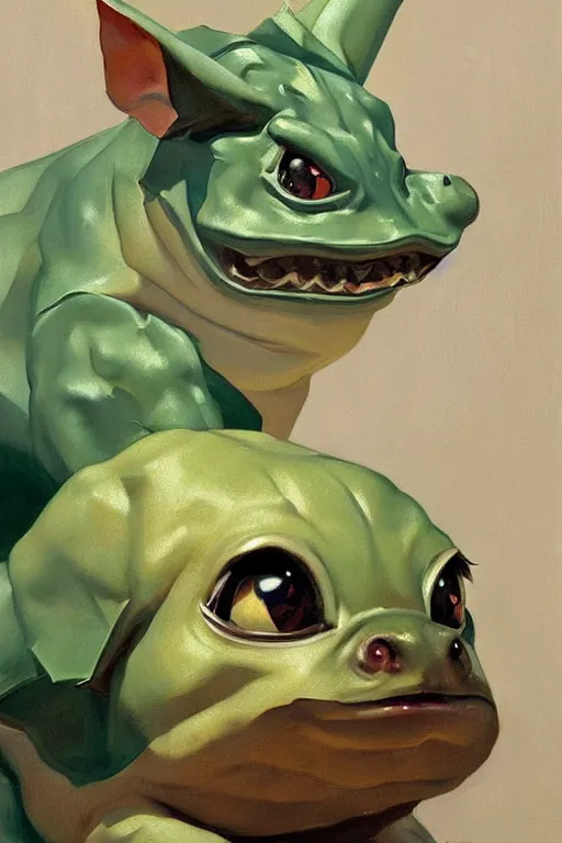 Image similar to bulbasaur, painting by jc leyendecker!! phil hale!, angular, brush strokes, painterly, vintage, crisp