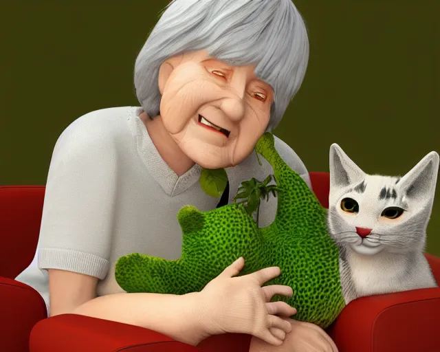 Prompt: detailed cartoon portrait of an old lady and her plant cat, pixar, sharp high quality 3d render