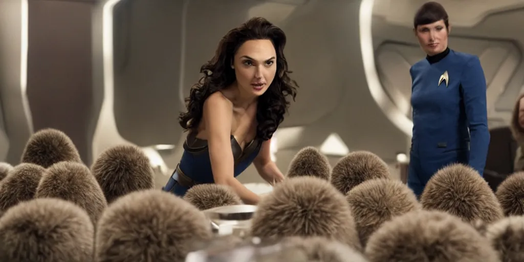 Image similar to Gal Gadot and Tribbles, Tribbles and more Tribbles in a scene in the next Star Trek movie