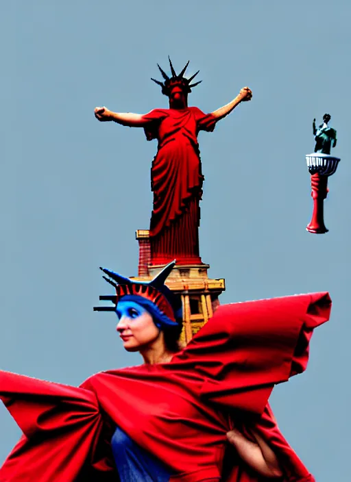 Image similar to woman dressed like lady liberty sitting on a red dragon