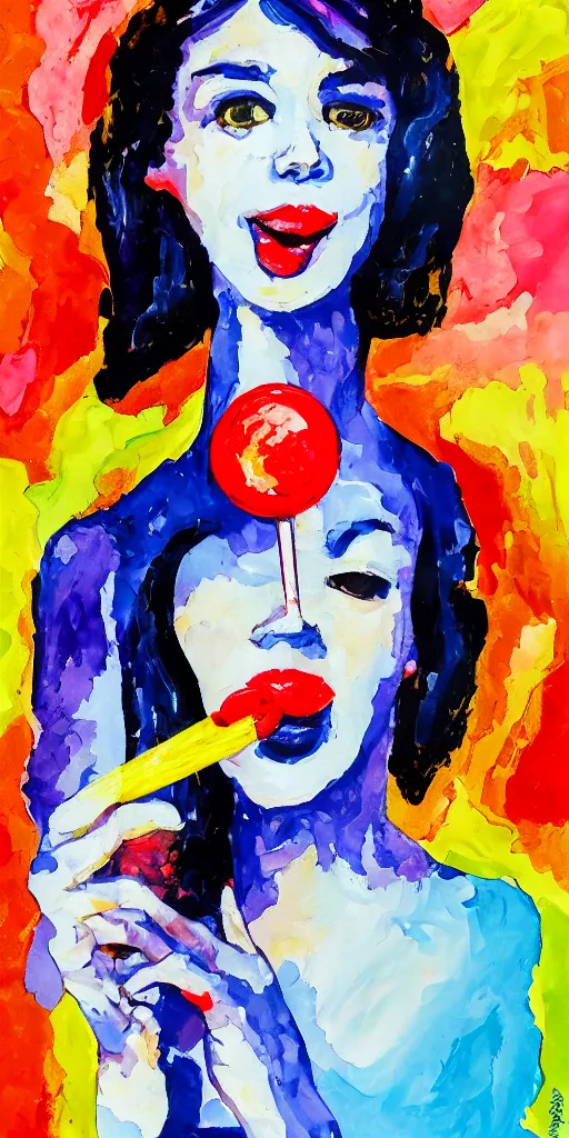 Image similar to portrait of beautiful woman licking a lollipop painted with colorful gouache impasto