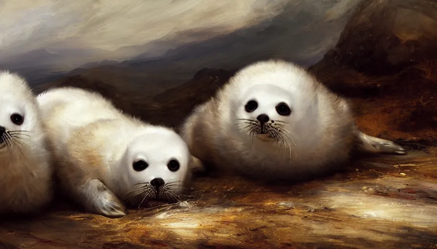 Image similar to highly detailed painting of cute furry white baby seals on an out of control car by william turner, by greg rutkowski, by william constable, thick brush strokes and visible paint layers, 4 k resolution