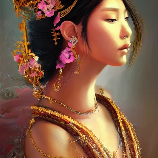 Image similar to a stunning artstation style portrait painting of a beautiful bali princess by kittichai rueangchaichan, in the style of WLOP, floralpunk, Artstation, intricate details, cinematic lighting, pristine clean design, realistic, irresistable, insanely detailed