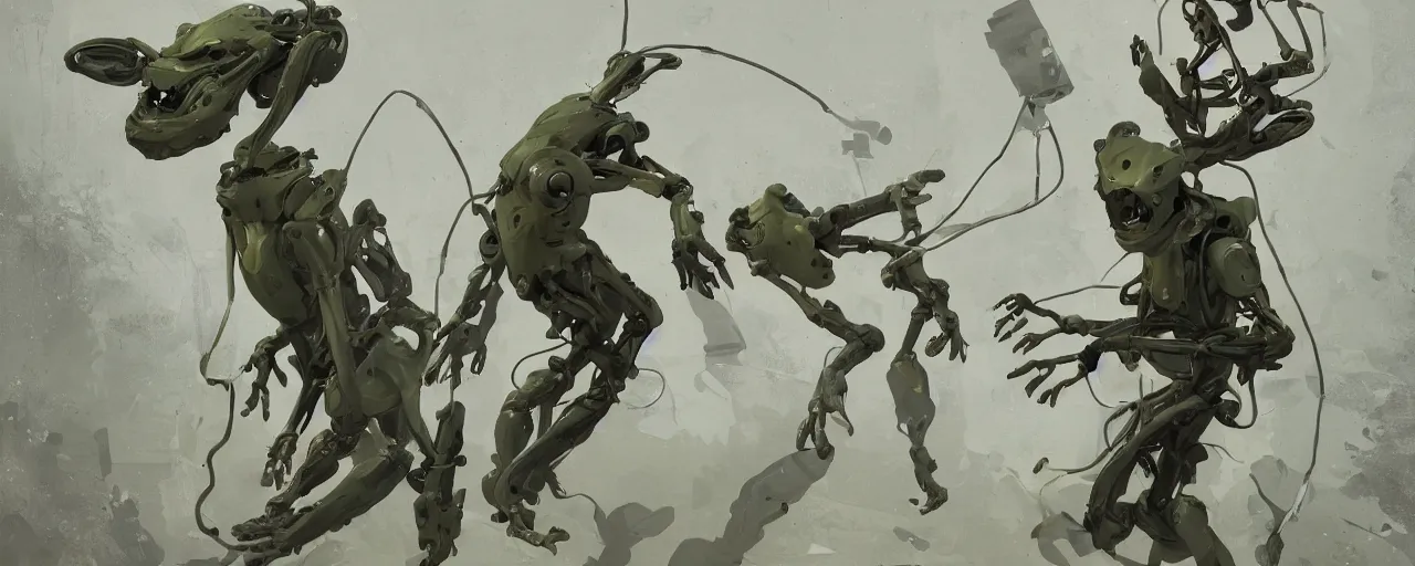 Image similar to duotone olive green grey illustration 3 / 4 portrait of gollum kun fu fighting with boston dynamics robots. dynamic chaotic composition accidental renaissance golden ratio. by sachin teng and sergey kolesov and ruan jia and heng z. graffiti art, scifi, fantasy, hyper detailed. octane render. concept art. trending on artstation