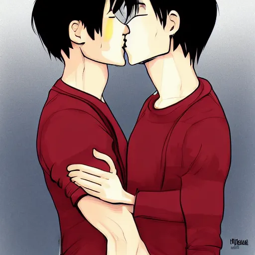 Prompt: 2 guys kissing each other one is slightly shorter than the other. digital art, trending on art station, anime.