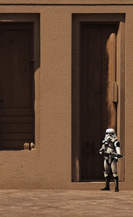 Image similar to A stormtrooper guarding the door of a cantina in Mos Eisley, octane, hd, 8k, rich deep moody colors