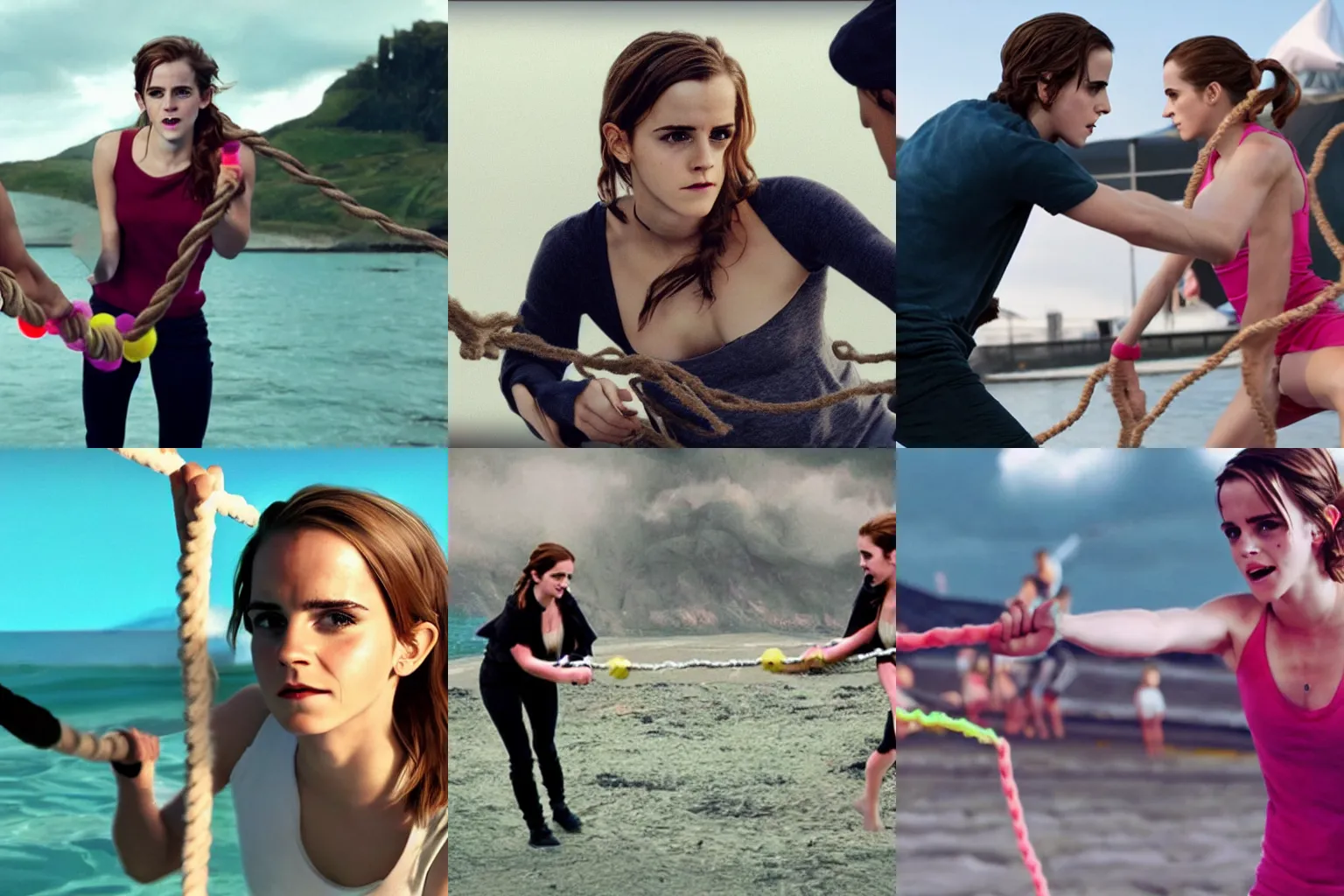 Prompt: Still of Emma Watson playing Tug of War in Squid Game