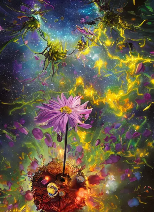 Image similar to An epic fantastic realism comic book style painting of the most beautiful spinning flowers floating into the dark and starry cosmos, exquisite bouquets, fisheye, a star implodes, unreal 5, DAZ, hyperrealistic, octane render, dynamic lighting