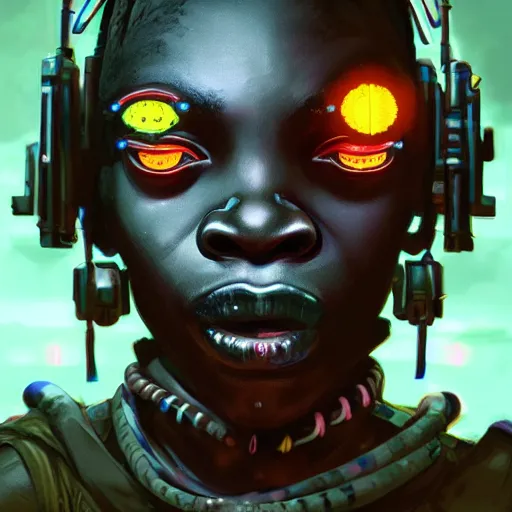 Image similar to a dark and ominous cyborg african child soldier with glowing eyes and tribal facial scarification, neon graffiti, Apex Legends character digital illustration portrait design, by android jones and greg rutkowski in a cyberpunk voodoo style, retrowave color scheme, detailed, cinematic lighting, wide angle action dynamic portrait