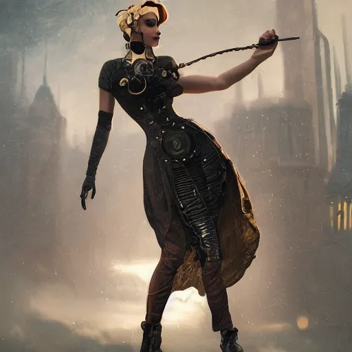 Image similar to a fancy photograph of an attractive women in a steampunk style high cut dress by greg rutkowski, sung choi, mitchell mohrhauser, maciej kuciara, johnson ting, maxim verehin, peter konig, 8 k photorealistic, cinematic lighting, hd, high details, dramatic, dark atmosphere, trending on artstation