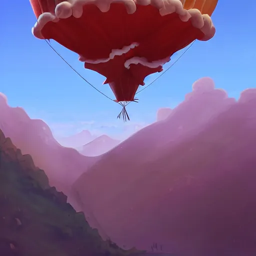 Prompt: a giant cake hanging below birthday balloons and floating above a beautiful stunning landscape. digital art, artstation cgsociety masterpiece