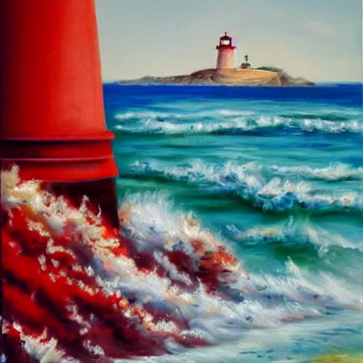 Prompt: an oil painting of a lighthouse overlooking an ocean made of blood, epic