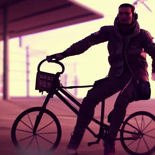 Image similar to a hyperrealistic 3d render of Remi Malek riding a bike. intricate details. arnold render. Trending on ArtStation. Centered. Vivid cinematic lighting. Cyberpunk background. In the style of LaVista.