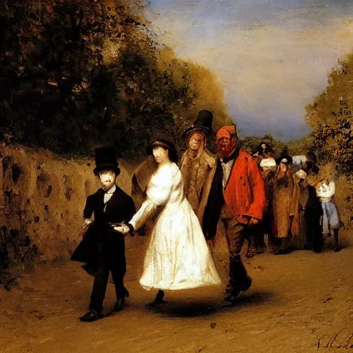 Image similar to young lady and gentleman fleeing the catacombs, by alfred stevens