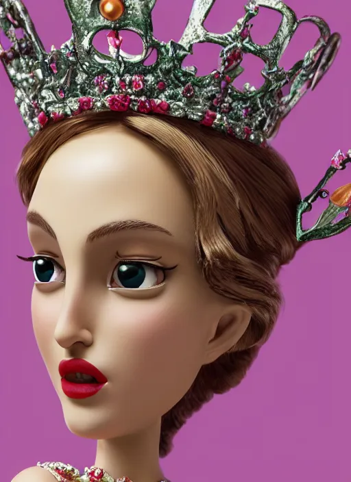 Prompt: closeup face profile portrait of tin toy natalie portman as a blonde fairytale princess wearing a crown eating cakes, bikini, depth of field, zeiss lens, detailed, symmetrical, centered, fashion photoshoot, by nicoletta ceccoli, mark ryden, lostfish, breathtaking, 8 k resolution, extremely detailed, beautiful, establishing shot, artistic, hyperrealistic, octane render