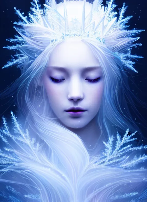 Image similar to a beautiful majestic frozen white queen with snowflakes on her hair, glowing light orbs, intricate concept art, elegant, digital painting, smooth, sharp focus, ethereal mist, deep colors, illuminated lines, outrun, vaporware, dark background, cyberpunk darksynth, ethereal, ominous, misty, 8 k, rendered in octane, by ruan jia and miho hirano