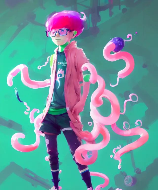 Image similar to a beautiful fullbody portrait of a cute splatoon anime boy with pink hair and green eyes wearing sports clothing leggings. character design by cory loftis, fenghua zhong, ryohei hase, ismail inceoglu and ruan jia. artstation, volumetric light, detailed, photorealistic, fantasy, rendered in octane