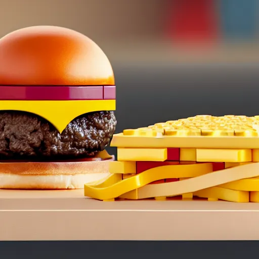 Image similar to a cheese burger made of lego, modern art