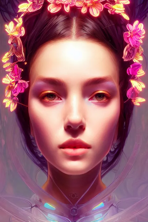 Image similar to beautiful female android!, half portrait, neon flowers, intricate detailed environment, cell shaded, floro details, intricate, elegant, highly detailed, digital painting, artstation, concept art, smooth, sharp focus, illustration, art by artgerm and greg rutkowski and alphonse mucha