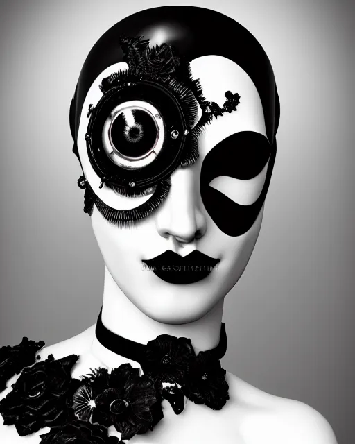 Image similar to black and white dreamy foggy smoky profile face portrait, one silver steampunk realistic eye biomechanical beautiful young female cyclope - cyborg - robot bust, body ribs meshes,, volumetric light, hibiscus flowers, by hg giger man ray, rim light, big gothic fashion pearl embroidered collar, 8 k