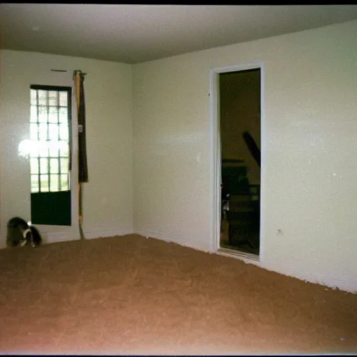 Prompt: a high flash photo of an empty suburban home, 2 0 0 6, taken with a disposable camera