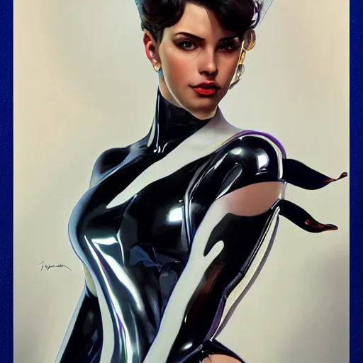 Image similar to portrait of charli d'amelio wearing a latex suit, intricate, elegant, highly detailed, digital painting, artstation, concept art, smooth, sharp focus, illustration, art by artgerm and greg rutkowski and alphonse mucha, 8 k