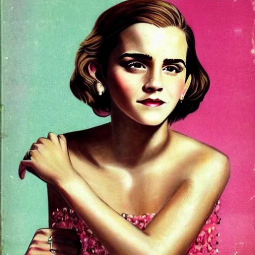 Image similar to “Emma Watson portrait, color vintage magazine illustration 1950”